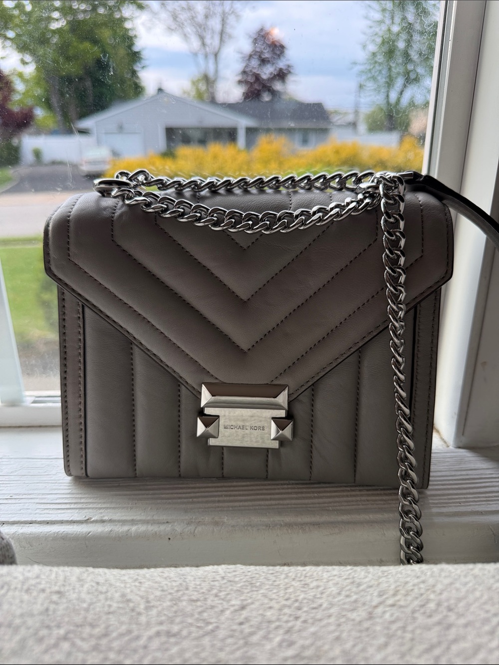 Michael Kors Taupe Quilted Leather Crossbody with Silver Chain